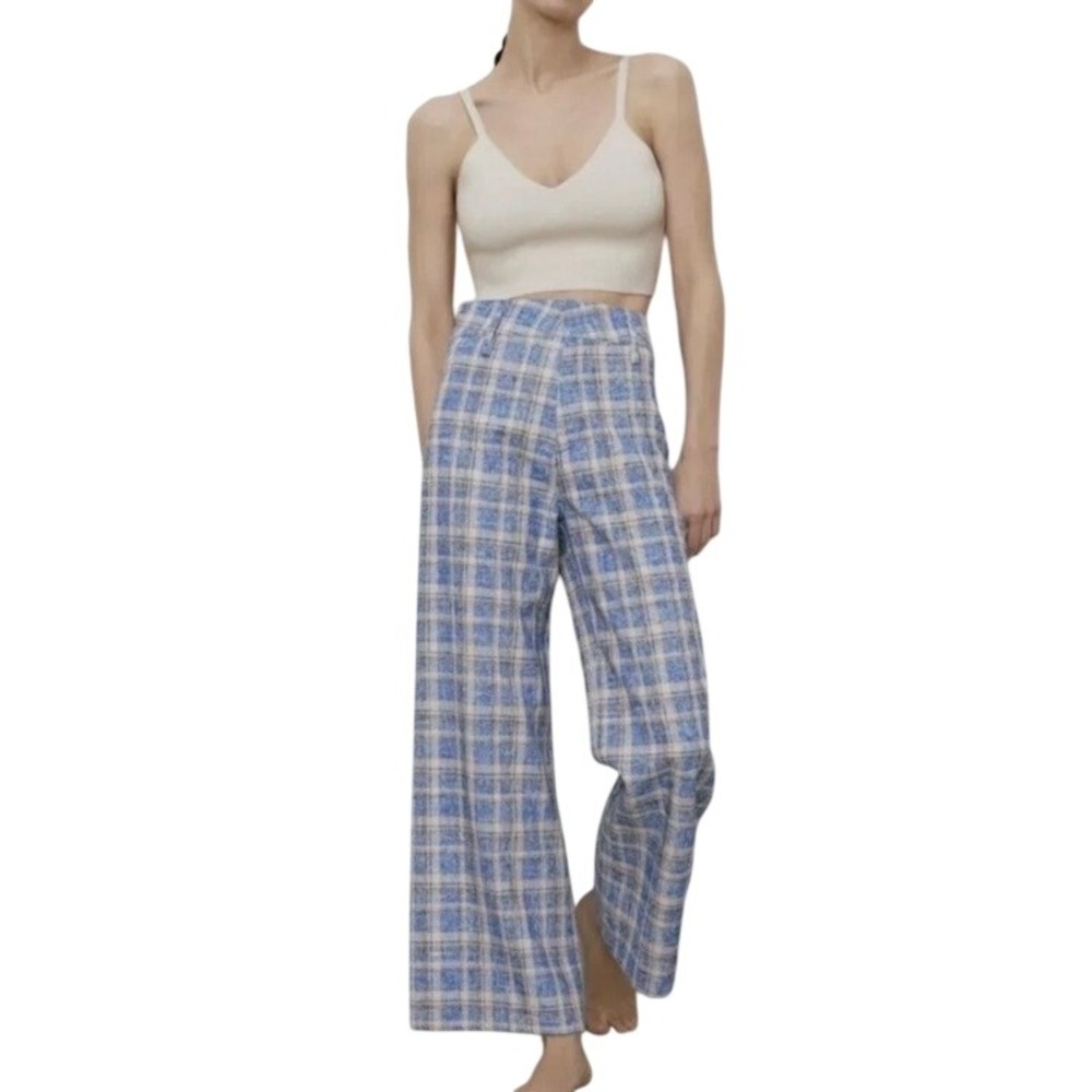 Zara Blue Plaid Wide‎ Leg Tweed Trousers High Waisted Pants XL Preppy Twee Mod